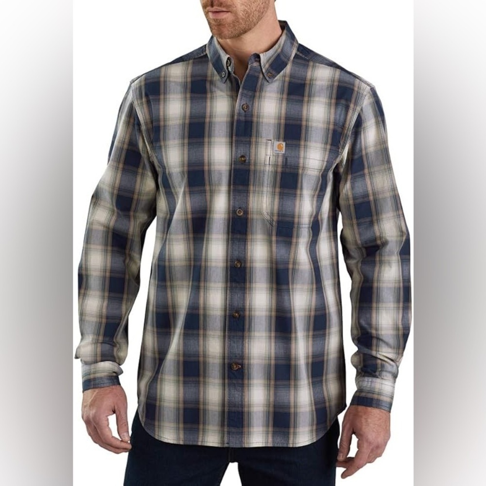 Carhartt Men's Navy and Cream Plaid Shirt